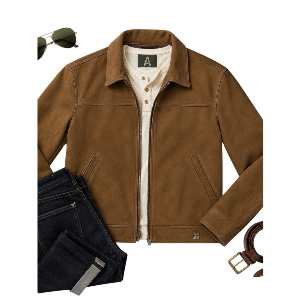Emporio Collezione Brown Suede Bomber Jacket XXL Full Zip Classic Leather Coat